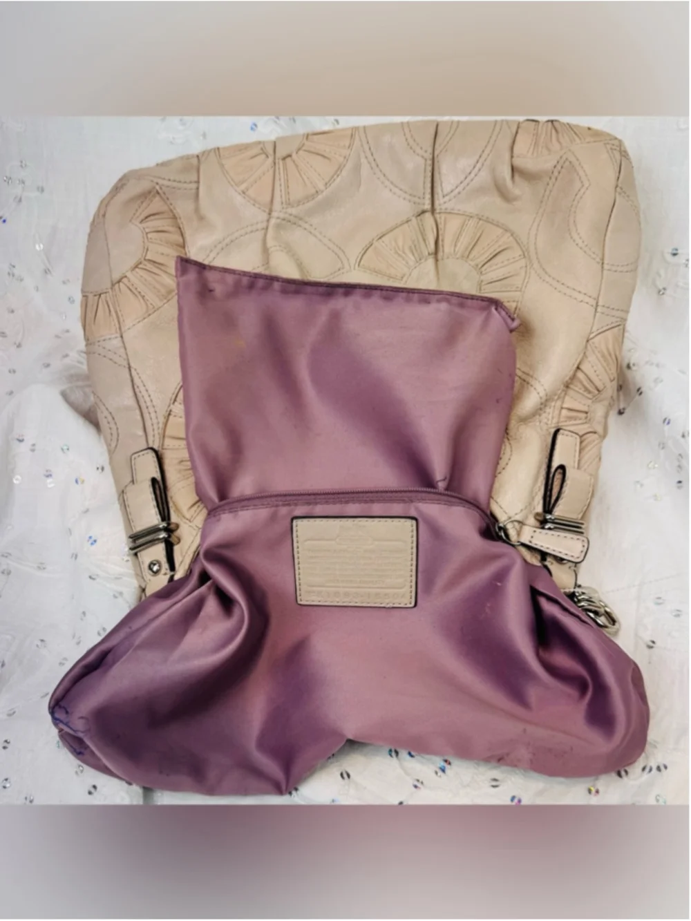 Coach 2010 Madison Maggie Putty Leather Op Art Shoulder Bag Lavender lining